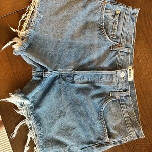 Agolde Blue Parker Long Jean Shorts with Distressed Cut-Off Hem